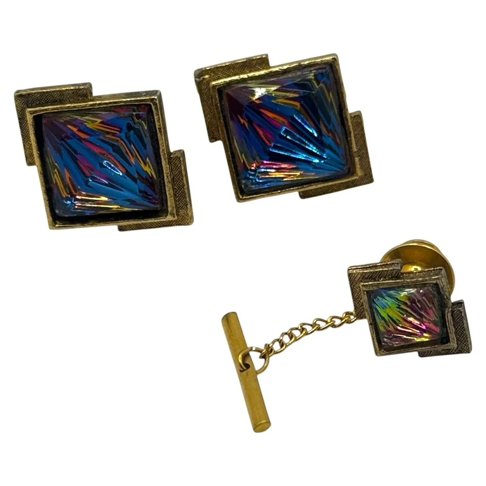 Vintage Watermelon Rivoli Rhinestone Gold Tone Cufflinks‎ Artsy Eclectic Retro